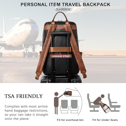 Shrrie Leather 17 inch Laptop Backpack for Women, Large Travel Backpack Purse for Casual Daypack College Work Bag - color: Black With Brown and White