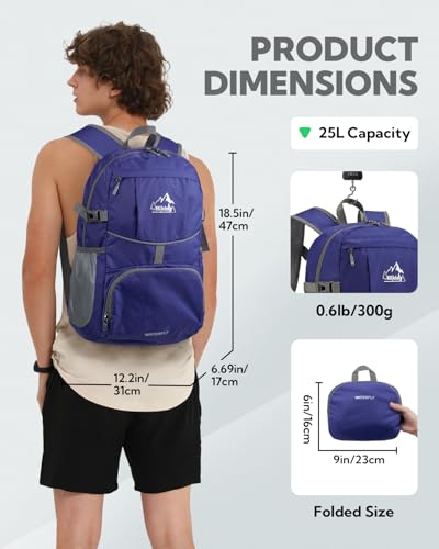 WATERFLY Small Lightweight Packable Hiking Backpack Foldable Travel Daypack - color: E-dark Blue, size: 25L