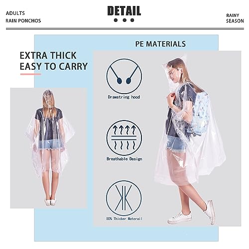 TUNCHMO Disposable Rain Ponchos 6 Pack for Adults/Kids/Family Set-50% Thicker Emergency Ponchos - color: Adults Clear 6 Pack