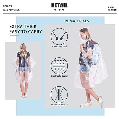 TUNCHMO Disposable Rain Ponchos 6 Pack for Adults/Kids/Family Set-50% Thicker Emergency Ponchos - color: Adults Clear 6 Pack