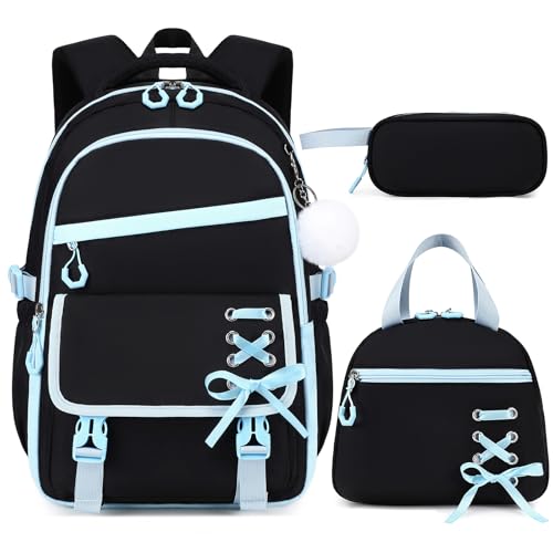 Scothen 3PCS Girls Backpack for School, Kids Backpack for Girls with Lunch Bag Pencil Case, Kids Bookbag Teen Backpacks for Elementary Middle High School - color: Black-blue