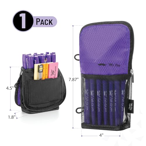 Mr. Pen- Standing Pencil Case Pouch, Sit & Lay Mesh-View Design, Black & Purple, Interior Pocket & 2 Elastic Binder Loops, Cute Pencil Case for Girls and Boys - color: Black & Purple