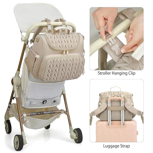 Small Diaper Bag Backpack Quilted Mini Baby Crossbody Diaper Bag Tote for Mom and Baby Girls Boys (Beige) - color: Beige