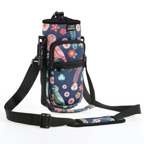 Nuovoware Water Bottle Carrier Bag, Premium Neoprene Portable Insulated Water bottle Sling Holder Bag 500ml/750ml/1000ml with Adjustable Shoulder Strap for Men Women Hiking, Sling Bottle Case - color: Green Bird+Blossoms, size: 25-32 Ounces - Standard