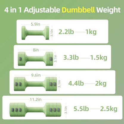 Lightweight Adjustable Dumbbell Kettlebell Set - 4 in 1 Free Weight Set with Kettlebell Grip Converter, Each 2.2 3.3 4.4 5.5lb Quick Change Weight Women Dumbbell Set for Small Spaces Home Gym - color: Dumbbell Green