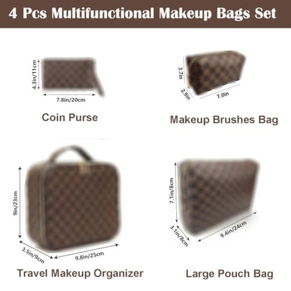 Makeup Bag,4 Pcs Brown Checkered Bags Set,Portable with Adjustable Partition,Large Capacity Pouch for Travel Cosmetic Organizer, Coin Purse, Brushes Bag,Toiletries,Waterproof,Designer for Gift