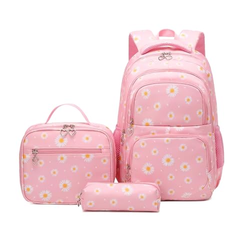 3Pcs Flower Daisy Backpack for Girls with Lunch Box Kids School Bag - color: 3pcs-pink