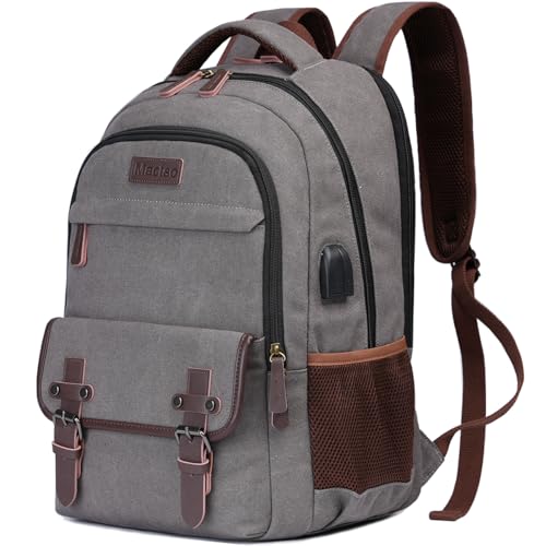 Mactso Canvas Travel Laptop Backpack for Men Women, Business Work Rucksack College School Computer Bag Fits 15.6 Inch Notebook,Bookbag with USB Charging Port (Grey, 15.6 Inch) - color: Grey, size: 15.6 Inch