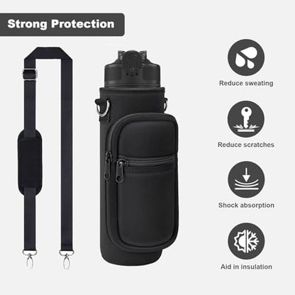 Water Bottle Holder with Strap, Insulated Crossbody Sling Bag, Carrier with Phone Pocket for Walking Hiking Camping Fishing - color: Black 02, size: 32oz Long
