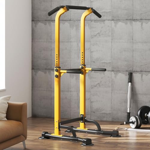 SogesPower Power Tower Dip Station Pull Up Bar for Home Gym Adjustable Height Strength Training Workout Equipment,Pull Up Bar Station - color: Yellow
