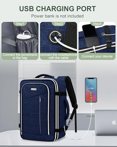 Travel Carry On 17.5" Laptop Expandable Backpack for Men Women, Personal Item Bag Waterproof Airline Approved with USB Charging Hole 3 Packing Cubes, Large Weekender Daypack Business Luggage Suitcase - color: Navy Blue, size: Expandable