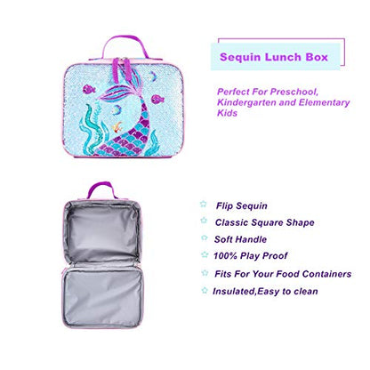 Reversible Sequin School Backpack Lightweight Little Kid Book Bag with Lunch Bag Set for Preschool Kindergarten Elementary(17", Mermaid with Lunch Bag) - size: 17"