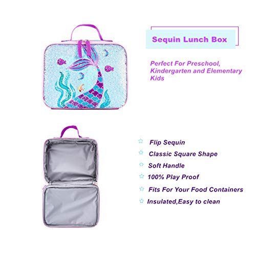 Reversible Sequin School Backpack Lightweight Little Kid Book Bag with Lunch Bag Set for Preschool Kindergarten Elementary(15", Mermaid with Lunch Bag) - size: 15"