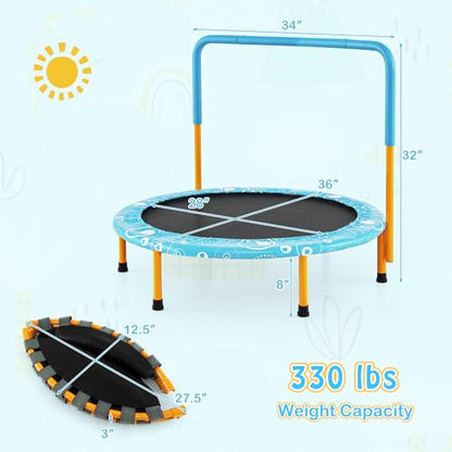 Giantex 36-Inch Mini Trampoline for Kids, ASTM Approved Foldable Rebounder Trampoline with Foamed Handle, Max Loaded 330 lbs, Indoor Safety Padded Fitness Trampoline - color: Light Blue+Orange