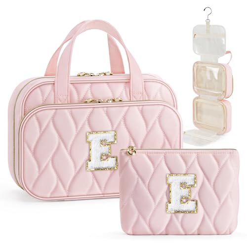 YOOLIFE Teen Girl Gifts Trendy Stuff - Birthday Gifts for 7 8 9 10 11 12 13 14 15 16 17 18 Year Old Teen Girls Hanging Toiletry Bag Initial Makeup Bag - Letter Pink E - color: Pink, style: E