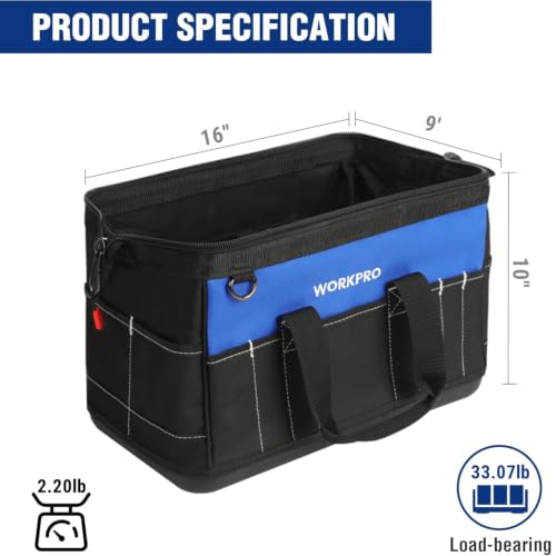 WORKPRO 16-inch Wide Mouth Tool Bag with Water Proof Molded Base | Heavy Duty Cloth Tool Storage Bag, Adjustable Shoulder Strap - color: Black&Blue