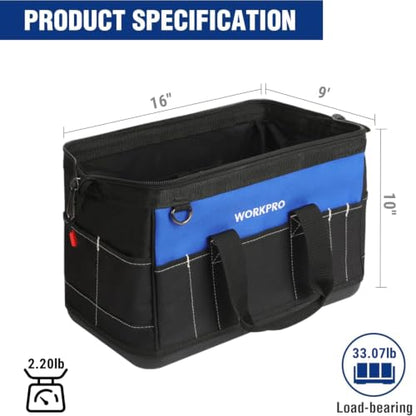 WORKPRO 16-inch Wide Mouth Tool Bag with Water Proof Molded Base | Heavy Duty Cloth Tool Storage Bag, Adjustable Shoulder Strap - color: Black&Blue