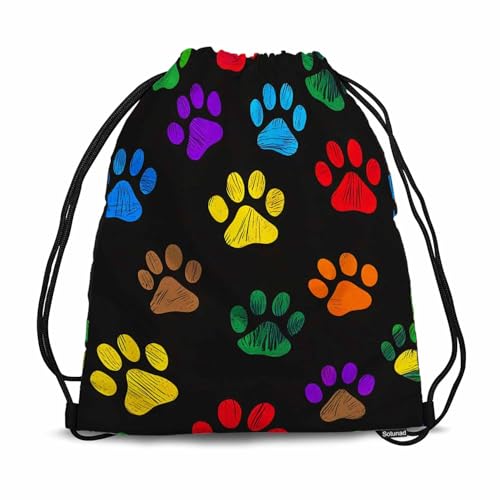 Colorful Paw Prints Drawstring Backpack Cat Dog Animal Foot Prints Black Background for Swim Bag for Beach Swim Swimming Pool Drawstring Bags - color: Colorful Paw Prints