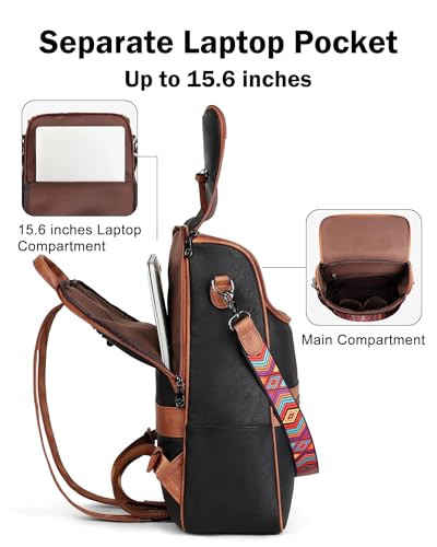 FADEON Laptop Backpack for Women Leather Travel Backpack with Laptop Compartment, Designer PU Shoulder Laptop Bag Black Brown - color: Retro Black With Brown