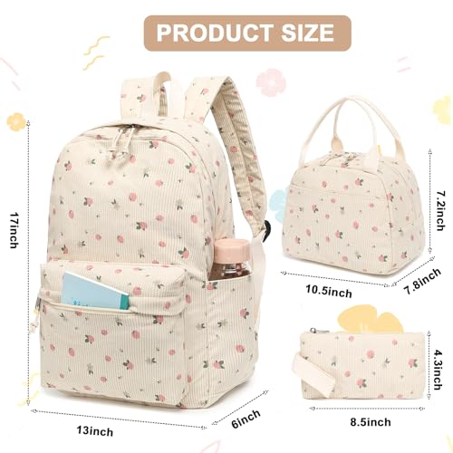 BTOOP School Backpacks for Teen Girls Bookbags Lightweight Kids Backpack School Bags Set with Lunch Box Pencil Case - color: Strawberry Beige
