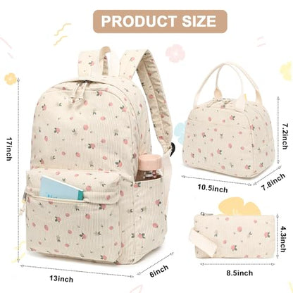 BTOOP School Backpacks for Teen Girls Bookbags Lightweight Kids Backpack School Bags Set with Lunch Box Pencil Case - color: Strawberry Beige