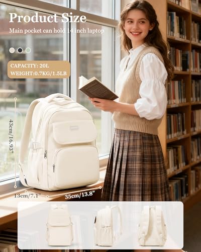 Cute Middle School Backpack For Teen Girls,Waterproof Casual Bookbags,Lightweight Travel Daypack,Basic Laptop College Backpack For Women(White) - color: A2-beige