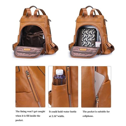 S-ZONE Leather Backpack Purses for Women Antitheft Rucksack Shoulder Bag Medium - color: Brown