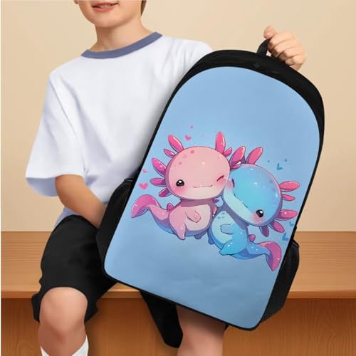 Flashideas Cute Axolotl Backpack for Girls Boys Backpack with Lunch Box 32 oz Water Bottle and Water Bottle Bag 4Pcs Set 17" Bookbag with Compartments for School Sturdy School Bag for Kids Elementary - color: Cute Axolotl-8