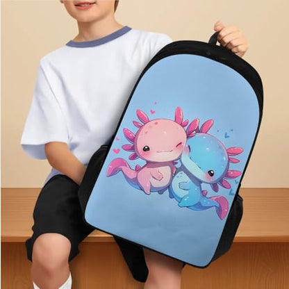Flashideas Cute Axolotl Backpack for Girls Boys Backpack with Lunch Box 32 oz Water Bottle and Water Bottle Bag 4Pcs Set 17" Bookbag with Compartments for School Sturdy School Bag for Kids Elementary - color: Cute Axolotl-8