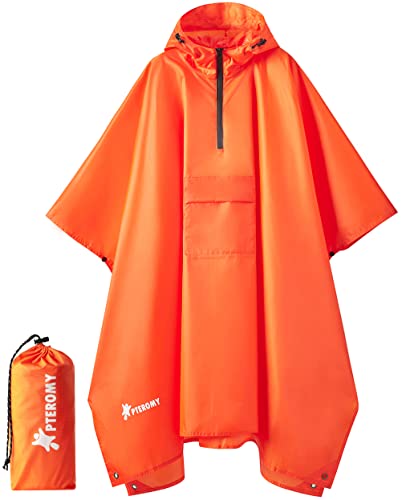 PTEROMY 3-in-1 Hooded Rain Poncho for Adult with Pocket, Waterproof Lightweight Unisex Raincoat for Hiking Camping Emergency - color: Orange 1/4 Zipper