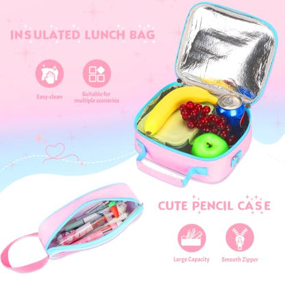Kids Backpack for Girls 5-8, 4PCS Toddler Backpack with 13oz Kids Insulated Water Bottle, Lunch Box and Pencil Case, Girls Bookbag Schoolbag for Primary Kindergarten Elementary School - color: Pink Blue