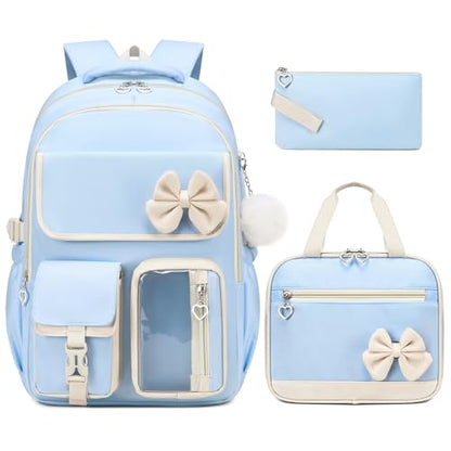 GeeWin Girls Backpack for School with Lunch Box & Pencil Case Set, 17 Inch Waterproof Cute Bow Girls Bookbag for Kids, Teens, Elementary Middle High College School Student (Blue/Beige) - color: Blue Beige
