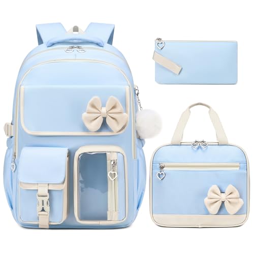GeeWin Girls Backpack for School with Lunch Box & Pencil Case Set, 17 Inch Waterproof Cute Bow Girls Bookbag for Kids, Teens, Elementary Middle High College School Student (Blue/Beige) - color: Blue Beige