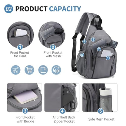 Crossbody Sling Bag with Water Bottle Holder, 8.3" Convertible Small Backpack Anti Theft Daypack, Chest Fanny Pack for Men Women, Grey - color: Grey