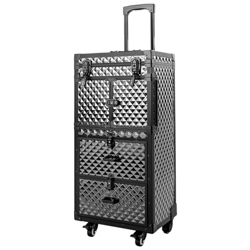 Cosmetic Train Case,Makeup Organizer Travel Case with Multiple Compartments,Rolling Makeup Case,Professional Makeup Casewith Wheels for Make-up Artists,33.07Lbs Load-Bearing - color: Blcak 4 Wheels