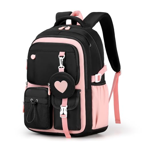 MOONBABY Girls Backpack, Kids Backpack for Girls, School bag for Primary Elementary Teenage, Middle School Students Bookbag - color: Black Pink
