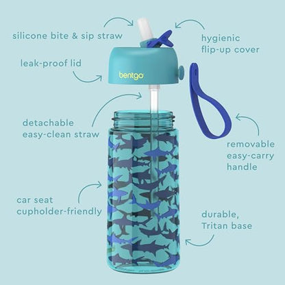 Bentgo Kids Water Bottle - Leak-Proof, Durable Tritan PFAS- & BPA-Free 15 fl oz, Kids/Toddlers Ages 3+ for School & Sports; Bite & Sip Spout, Carrying Handle, Dishwasher Safe (Sharks) - color: Shark