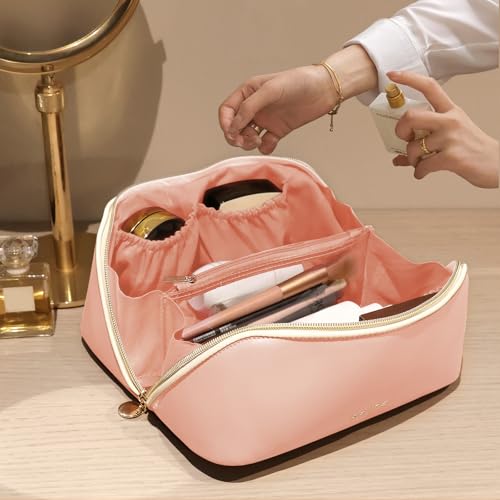 Prite Makeup Bag for Women Travel Waterproof Vegan Leather Cosmetic Bag Open Flat Toiletry Bag With Clear Divider and Handle (Pink, Large) - color: Pink, size: Large