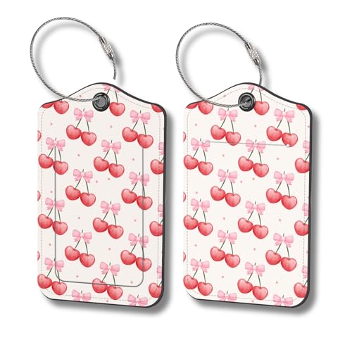 Luggage Tags for Suitcases, 2-Pack PU Leather for Cruise & Travel, Baggage ID Tags with Privacy Cover & Address Card, Durable Metal Ring, Kids Adults Travel Accessories, Sweet Bow Cherries - color: Sweet Bow Cherries