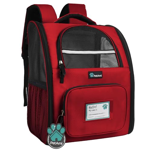 PetAmi Dog Backpack Carrier for Small Medium Dogs Large Cats up to 18 lbs, 2 Side Entry, Structured No-Collapse Frame, Airline Approved Ventilated Pet Backpack for Hiking Camping Travel Vet, Red - color: Red