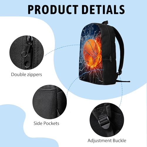 3PCS Basketball Backpack for Boys Girls Teens, School Backpack with Lunch Box Pencil Case for Elementary Middle High Students, 17 Inch Lightweight Bookpack 3 in 1 Set Back to Shool Supplies for Kids - color: Water Fire Basketball S01