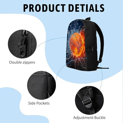 3PCS Basketball Backpack for Boys Girls Teens, School Backpack with Lunch Box Pencil Case for Elementary Middle High Students, 17 Inch Lightweight Bookpack 3 in 1 Set Back to Shool Supplies for Kids - color: Water Fire Basketball S01