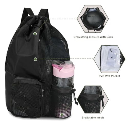 Mesh Backpack,Mesh Swim Drawstring Backpacks with Wet/Dry for Beach,Swimming,Gym,Pool,Workout Gear and Sports, Black