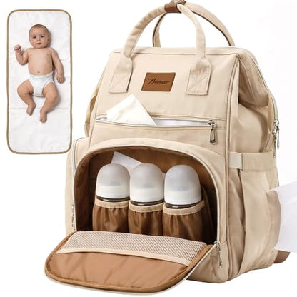 Diaper Bag Backpack, Large Capacity Baby Bag with 14 Pockets, 3 Insulated Bottle Pockets, Changing Pad, Wet/Dry Pocket, Stroller Straps and Luggage Sleeve, Unisex for Mom and Dad, 27L Beige - color: Beige, size: Large