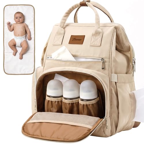 Diaper Bag Backpack, Large Capacity Baby Bag with 14 Pockets, 3 Insulated Bottle Pockets, Changing Pad, Wet/Dry Pocket, Stroller Straps and Luggage Sleeve, Unisex for Mom and Dad, 27L Beige - color: Beige, size: Large