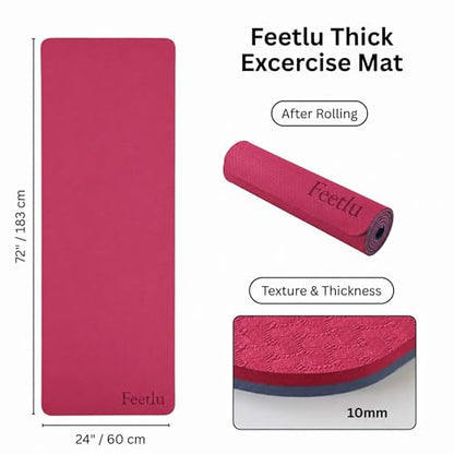 Extra Thick Yoga Mat with Carry Strap, 10mm Non-Slip Exercise Mat, 72 x 24 Inch Cushioned Workout Mat for Yoga, Pilates, Stretching & Floor Exercises - color: Pink & Gray