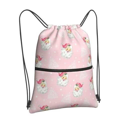 Christmas Tree Santa Claus Drawstring Bag, Waterproof Snowflake Drawstring Bckpack for Gym Sports Xmas Party Gift, Women Durable Pink Sackpack Bag with Front Zipper Pocket and Inside Zipper Pocket - color: Christmas Santa Claus Pink
