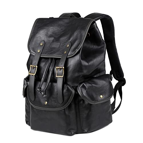 Vegan Leather 15.6 inch Laptop Backpack Hiking Camping Backpack Satchel Bookbag Travel Business Casual Backpack CN-01 (Black) - color: Black