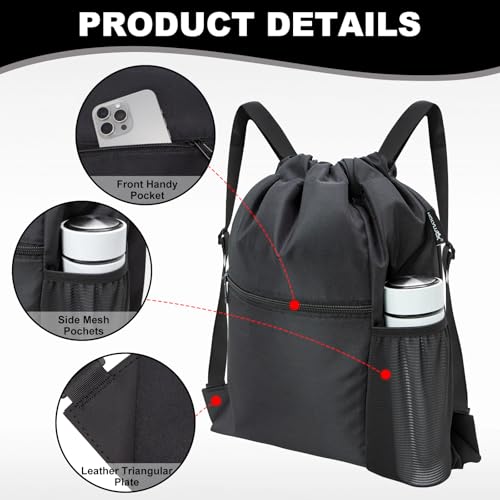 HOLYLUCK Men & Women Outdoor Sport Gym Sack Waterproof Drawstring Backpack Bag (Standard with width webbing, Black-1) - color: Black-1, style: Standard With Width Webbing