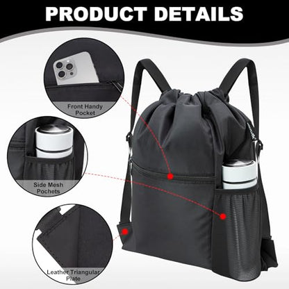 HOLYLUCK Men & Women Outdoor Sport Gym Sack Waterproof Drawstring Backpack Bag (Standard with width webbing, Black-1) - color: Black-1, style: Standard With Width Webbing